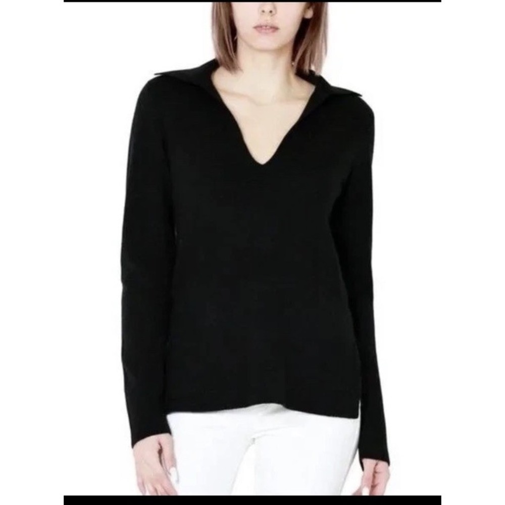 VINCE Black Wool Cashmere‎ Pullover Sweater Polo Collar Knit Preppy Solid Medium